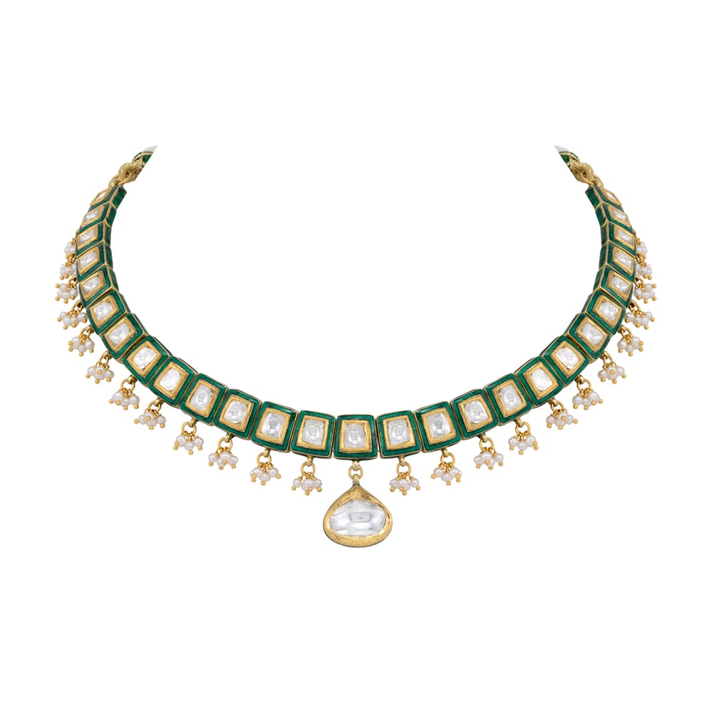 Green Meenakari Necklace with Polkis and Pearl Cheed Drops
